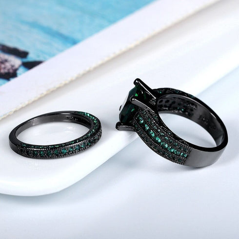 2 Pcs Princess Cut Green Black 18K Gold Plated Cubic Zirconia Women's Ring